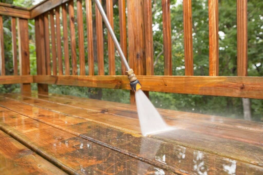 Power washing backyard deck